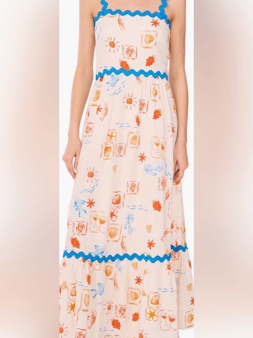 CeCe Cream Maxi Dress with Blue Trim and Orange Print XL